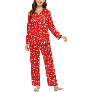 Women's Red Satin Christmas Pajama Set Long Sleeve Full Length Printed Reindeer Snowman Pattern Soft Cozy Winter Sleepwear - Product Image 1