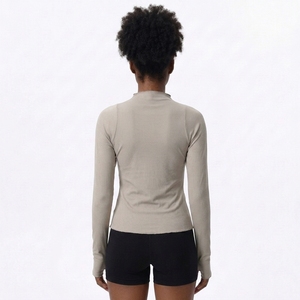 Custom Logo Women Yoga <b>Top</b> Long Sleeve Ribbed Slim Fit Knitted Gym Shirt <b>Mock</b> <b>Neck</b> Activewear - Product Image 2