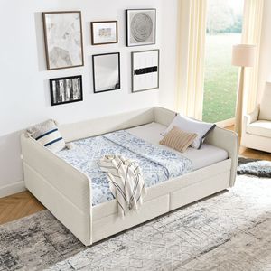 Divano letto imbottito trapuntato Queen Size con letto estraibile 88"x65.5"x29.5" in tessuto bouclé beige, con due cassetti - Product Image 3
