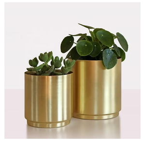 Modern Brass Planter Pot Circular Design Minimalist Indoor Planters for <b>Desk</b> Decor Smooth Plated Finish Set of 2 - Product Image 1