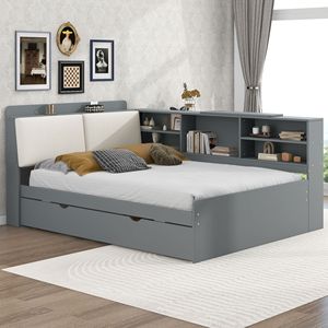Letto matrimoniale imbottito grigio con piattaforma in legno, letto estraibile, ripiani e testiera contenitore - Product Image 3