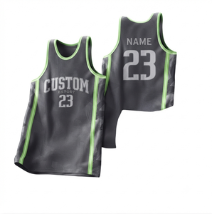 Ensemble de maillot de basket-ball pour homme vert lime, respirant, col en V, tissu en maille, personnalisable avec le nom de l'équipe et le numéro, 100% polyester, séchage rapide - Product Image 1