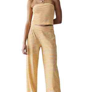 Hot Selling Women Striped Tube Top And Wide Leg Pants <b>Set</b> Casual Sleeveless Crop Top Breathable Knitted Cotton 2Piece Women <b>Set</b> - Product Image 6