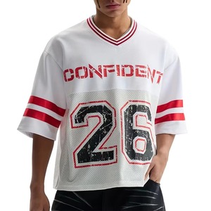 Camiseta Deportiva de Malla con Estampado Personalizado, Cuello en V, Estilo Oversize, Manga Corta, Estilo Fútbol, para Verano - Product Image 1