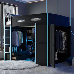 Cama Alta de Madera Tamaño Completo Color Azul Nube con Escritorio con Luz RGB, Armario y Amplio Espacio de Almacenamiento - Mesas de Juego (SKU Antiguo: LT000261AAC) - Product Image 2