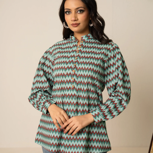 Tunique en coton imprimée zigzag rétro pour femmes |   Haut à manches longues à col boutonné, style ethnique décontracté, pour les acheteurs en gros et exportateurs en Inde - Product Image 1
