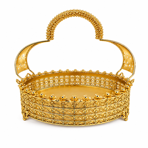 Round Polished Modern Gold Metal Serving Tray with Handle Plant Pattern Engraved Glam Handmade Decorative Dishware - Product Image 2