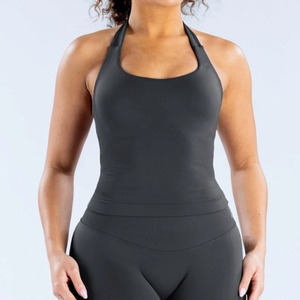 Ensemble short et crop top dos nu noir pour femme, taille mi-haute, sans couture, en spandex et polyester, tenue de sport unie sans manches - Product Image 5