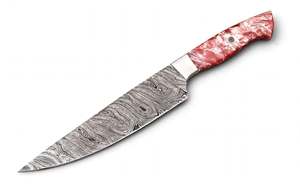 Cuchillo de Cocina Artesanal de Acero de Damasco con Mango de Resina Rosa Roja Perla para Rebanar - Product Image 1