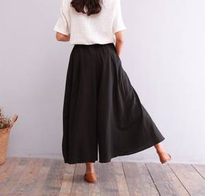 Women's Black Cotton Culottes Loose Fit Knee Length Elastic Waist Solid Color Casual <b>Summer</b> <b>Pants</b> With Pockets Flat Front Style - Product Image 2