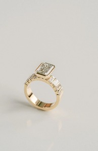 Elegant 3CT Emerald Cut Moissanite <b>Ring</b> 14k Yellow <b>Gold</b> Bezel <b>Set</b> Baguette Shoulder Half Eternity Band Wedding <b>Ring</b> - Product Image 2