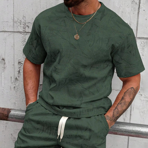 Ensemble T-shirt et short d'été en coton tricoté 100 % respirant, séchage rapide, coupe oversize, 2 pièces personnalisable, effet délavé pour homme - Product Image 1