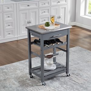 Carrello da Cucina Mobile con Isola, Cassetto e Cesto Portaoggetti Estraibile in Rete - Product Image 1