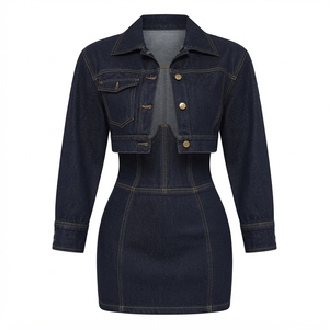 <b>Denim</b> <b>Shirt</b> Dress Set With Turn-down Collar <b>Long</b> Sleeve Mini Length Bodycon High Waist Casual Wear <b>For</b> Autumn - Product Image 3