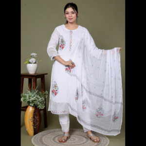 Ensemble Kurta en coton NIYANI Grace ivoire avec dupatta, coupe ample, trois pièces, élégant, ethnique, décontracté, maxi, ensemble artisanal - Product Image 1