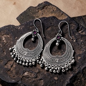 <b>Silver</b> Mountain Vintage Oxidized <b>Sterling</b> <b>Silver</b> Garnet Tribal <b>Hoop</b> Dangle <b>Earrings</b> Women Handmade Ethnic Boho Engagement - Product Image 4