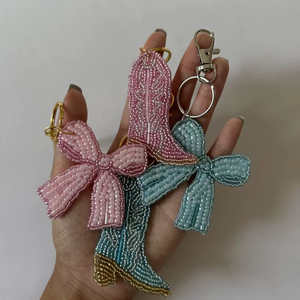 Beaded Ribbon Bow Keychain Coquette Style Charm Long Bow Bag Accessory Feminine Aesthetic Gift - Product Image 1