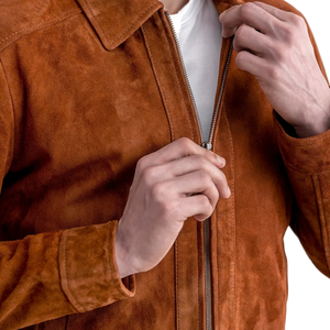 Custom <b>Mens</b> Brown <b>Suede</b> Leather <b>Jacket</b> Classic Collar Prime Zip Up Coats OEM Private Label Apparel Manufacturer Wholesale Supply - Product Image 2