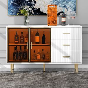 Credenza Moderna con Porte in Vetro Temperato Ambrato, Gambe in Metallo Dorato e Piano in Marmo Adesivo, Buffet Artigianale in MDF - Product Image 2