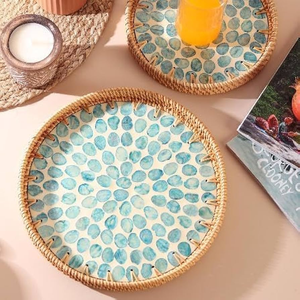 Plateau de service en nacre, design rotin, 3 pièces de tailles différentes, plateau en rotin et nacre, rangement, meilleure qualité - Product Image 6