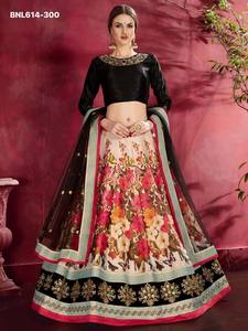 ชุดเลเฮนกา-โชลีและผ้าคลุมไหล่ ดีไซน์ทันสมัย ผ้าไหมศิลปะคุณภาพดี ปักเลื่อมลายดอกไม้สีสันสดใส แฟชั่นสำหรับผู้หญิง - Product Image 3