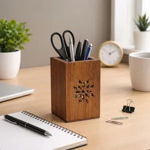 Wooden Pen Holder Stand Pencil Cup Makeup Brush Holder <b>Desk</b> <b>Organizer</b> Office Table Storage Decorative Wooden Stationery - Product Image 4