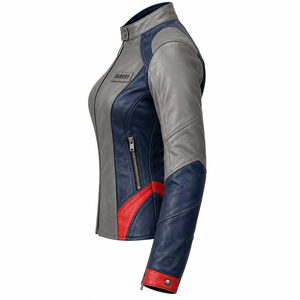 Veste de moto en cuir véritable pour femmes, gris foncé, bleu, rouge, vêtements de sport pour motocross, vêtements de motard, streetwear - Product Image 4