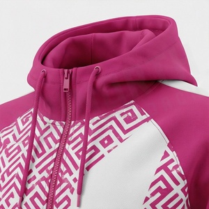 Unisex Hooded <b>Tracksuit</b> Full Zip Geometric Print Sporty Design <b>Pink</b> White Polyester Autumn Wear Adults Regular Fit Side Pockets - Product Image 4