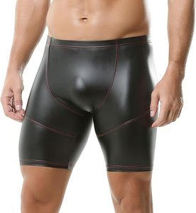 Shorts en cuir véritable pour hommes, shorts en cuir avec logo personnalisé, taille à cordon de serrage, noir - Product Image 1