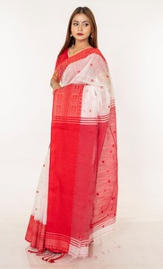 White <b>Red</b> Cotton <b>Saree</b> Embroidered Border Traditional Indian Wedding Wear Women Stretchable Wrinkle-Free Moisture Wicking Sun - Product Image 4