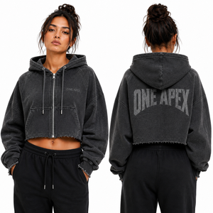 เสื้อฮู้ดโอเวอร์ไซส์ทรงครอปสำหรับผู้หญิง ONE APEX ผ้าฝ้ายหนานุ่ม ระบายอากาศได้ดี ซิปหน้า ล้างสีแบบแอซิดวอช สไตล์วินเทจ เหมาะสำหรับใส่ในฤดูหนาว สตรีทแวร์ - Product Image 2