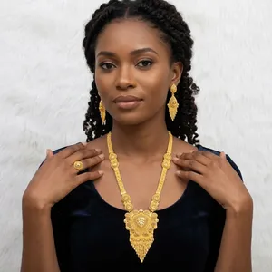 Arabic African Bridal Wedding Jewelry Set Gold Plated Brass Box <b>Chain</b> Pendant Necklace with Tassel Earrings for Women AC4N0171AY - Product Image 3