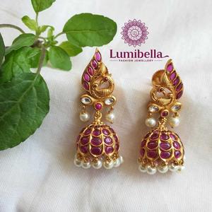 Ruby Peacock Diamond <b>Pearl</b> Jhumki <b>Earrings</b> for Party - Product Image 1