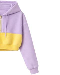 Ensemble décontracté deux pièces pour femme, comprenant un crop top à capuche zippé et un short, color block lavande et jaune, en polyester et coton, tenue de détente, vente en gros - Product Image 2