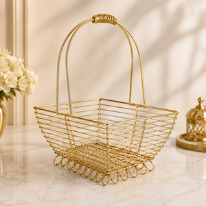 Panier en fil métallique plaqué or, motif fruits moderne, forme rectangulaire, avec poignée décorative glamour, pour baptême, emballage individuel - Product Image 1