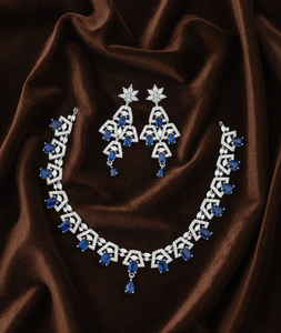 Elegant Emerald Cut Blue Crystal <b>Choker</b> Set Geometric Pattern American Diamond Chandelier Earrings Set Fine Party Wear Jewelry - Product Image 3