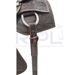 Sillín de cuero inglés occidental hecho a mano con asiento acolchado, tapetes florales tallados para montar a caballo, brida de plástico, listo para enviar. - Product Image 5