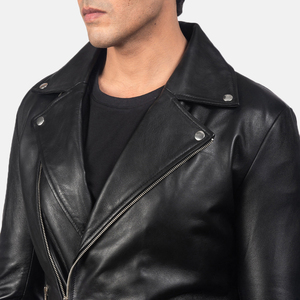 Men's Genuine Leather Biker Jacket Black Slim Fit Stand Collar Zipper Closure Moto Style Autumn Wear Quick Dry - Product Image 6