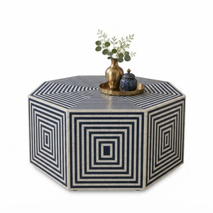 Mesa de Centro Redonda de Lujo con Incrustaciones de Hueso Azul y Blanco, Diseño de Rayas Solares, para Decoración del Hogar y Sala de Estar - Product Image 6