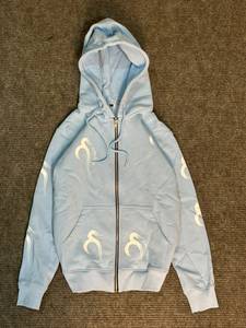 Light Blue Women's Hooded Zip-Up <b>Sweatshirt</b> With <b>White</b> Flame Print Casual Autumn Wear - Product Image 1