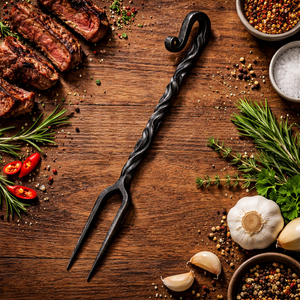 Custom Hand Forged <b>BBQ</b> Meat Fork Premium Twisted Iron Handle Steak Carving Fork Handmade Grill Kitchen <b>Tool</b> - Product Image 2