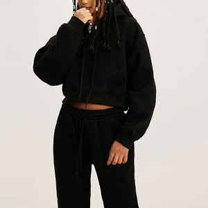 Cropped Hoodie Sweatshirt And Sweatpants Black Color Long Joggers With Pockets <b>Women</b> <b>Sweatsuits</b> Sets 2 Piece - Product Image 5