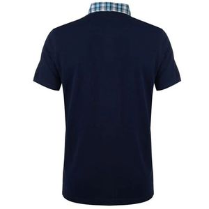 Men's <b>Navy</b> <b>Blue</b> Short Sleeve Polo Shirt With Plaid Collar And Front Logo Print Casual Regular Fit 100% Cotton Pique Knitted - Product Image 2