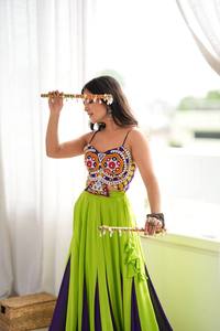 Wholesale Indian Women Lime Green Purple Dual Tone Kalidar Flared <b>Lehenga</b> Chaniya Choli Kutchi Real Mirror Work Strap <b>Crop</b> <b>Top</b> S - Product Image 6