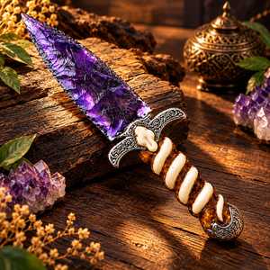 Couteau en verre violet de 10 pouces avec manche en résine époxy, décoration d'autel gothique, objet de collection fantastique - Product Image 1