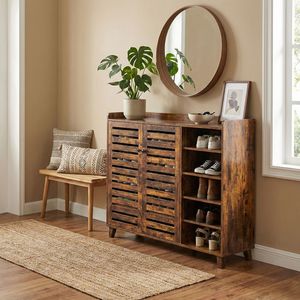 Mobiletto Portascarpe dal Design Semplice in Legno Invecchiato con 2 Ante e 5 Scomparti Aperti, Dimensioni 116*35.5*107cm, Pannello Posteriore in MDF, Piano d'Appoggio - Product Image 4
