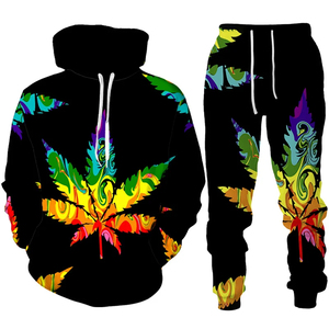 New Custom Design Winter Casual Tracksuit <b>Leaf</b> 3D Digital Printed Breathable Quick Dry Men's Custom Hoodie Set - Product Image 4