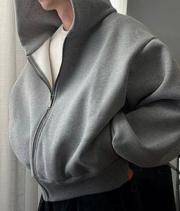 Vintage Washed Unisex Oversized 100% Cotton Zip Hoodie Heavyweight Solid Winter Embroidered Blank Streetwear Baggy <b>Fleece</b> <b>Jacket</b> - Product Image 3