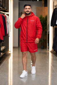 REXFIT SPORTS 2026 Custom Red Nylon <b>Short</b> Set <b>Men</b> Hooded <b>Zip</b> Up Jacket <b>Shorts</b> Two Piece Sportswear Set Custom Logo Streetwear - Product Image 6