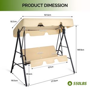 Dondolo da Giardino Modello KD Khaki 68*43*60 Pollici con Cuscino e Tettuccio in Ferro e Tessuto Oxford, Capacità 250kg - Product Image 2